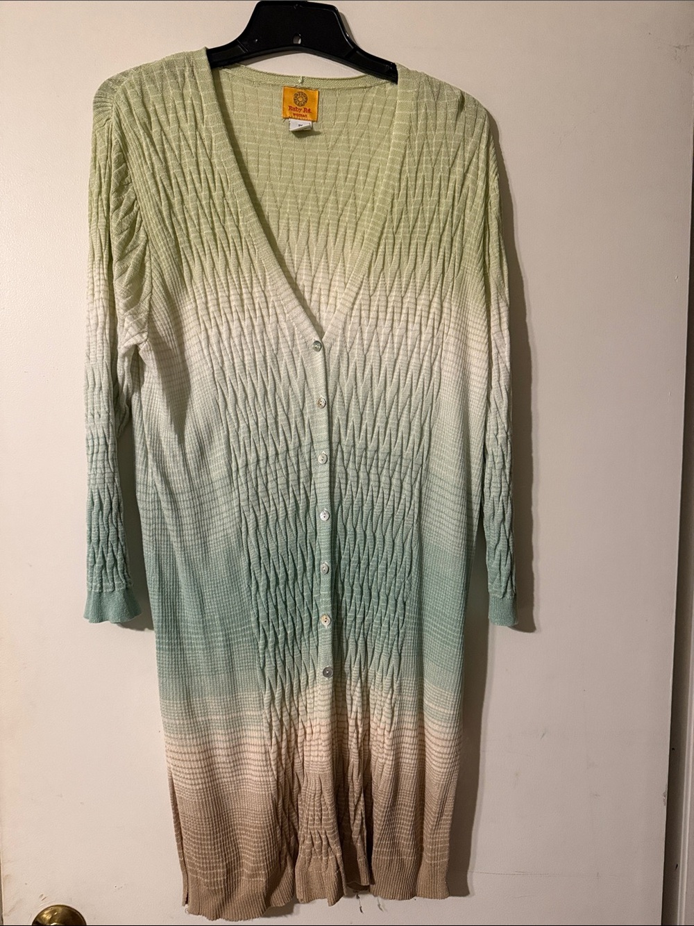 Ruby Rd. Ombre Long Button-Front Cardigan in Green, Cream, Tan